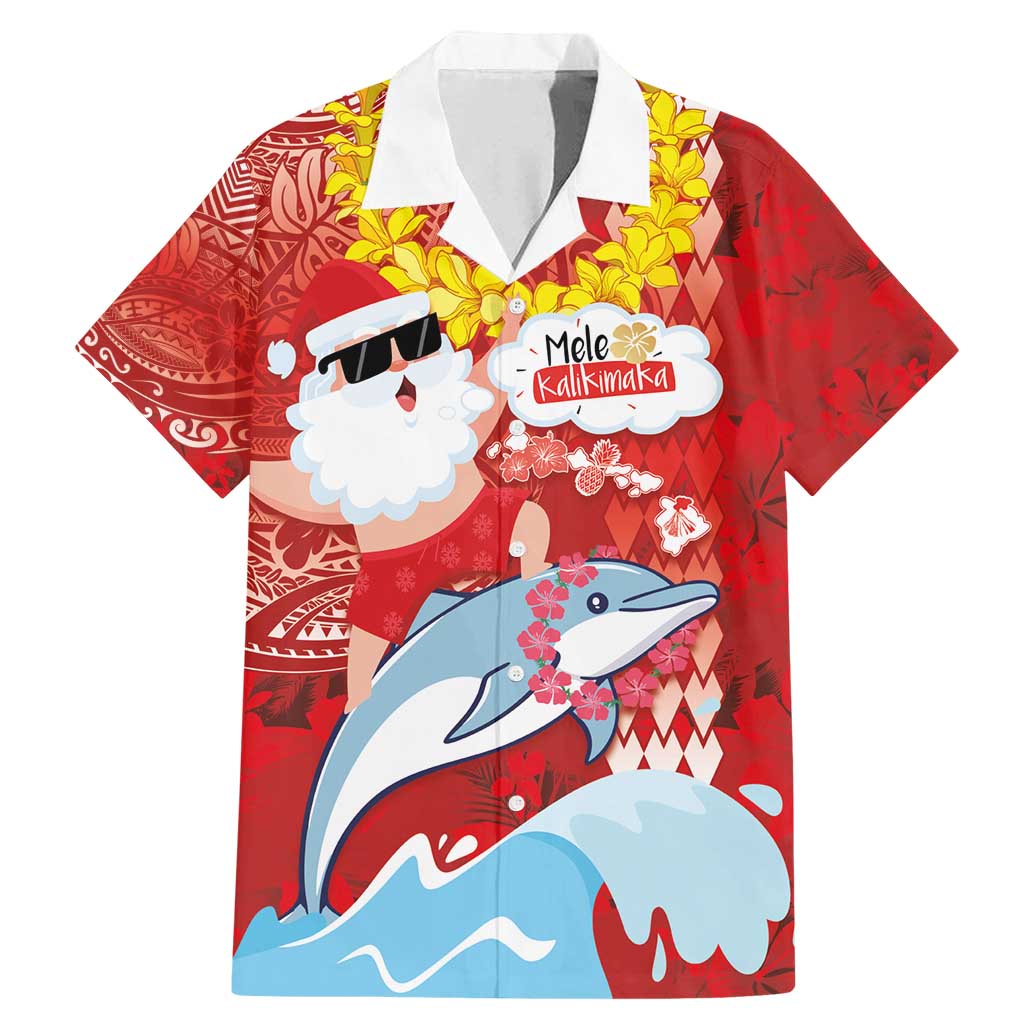 Hawaiian Mele Kalikimaka Family Matching Mermaid Dress and Hawaiian Shirt Funny Santa Riding Lei Dolphin with Kakau Tattoos LT03 Dad's Shirt - Short Sleeve Red - Polynesian Pride