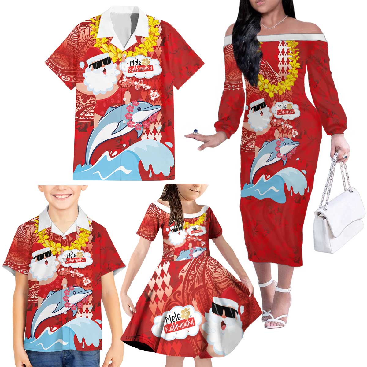 Hawaiian Mele Kalikimaka Family Matching Off The Shoulder Long Sleeve Dress and Hawaiian Shirt Funny Santa Riding Lei Dolphin with Kakau Tattoos LT03 - Polynesian Pride