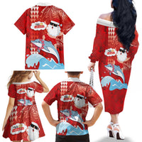 Hawaiian Mele Kalikimaka Family Matching Off The Shoulder Long Sleeve Dress and Hawaiian Shirt Funny Santa Riding Lei Dolphin with Kakau Tattoos LT03 - Polynesian Pride