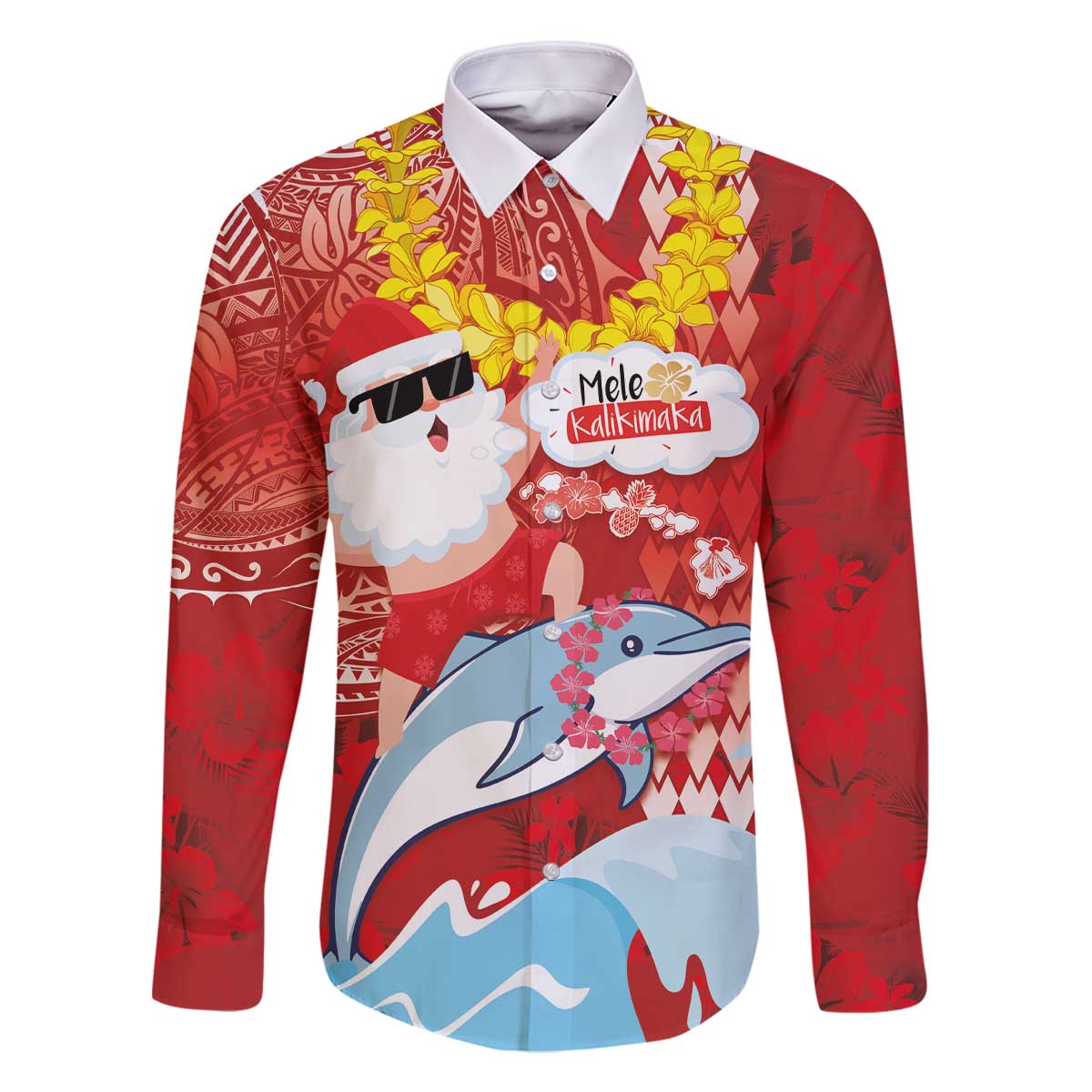 Hawaiian Mele Kalikimaka Family Matching Off The Shoulder Long Sleeve Dress and Hawaiian Shirt Funny Santa Riding Lei Dolphin with Kakau Tattoos LT03 Dad's Shirt - Long Sleeve Red - Polynesian Pride