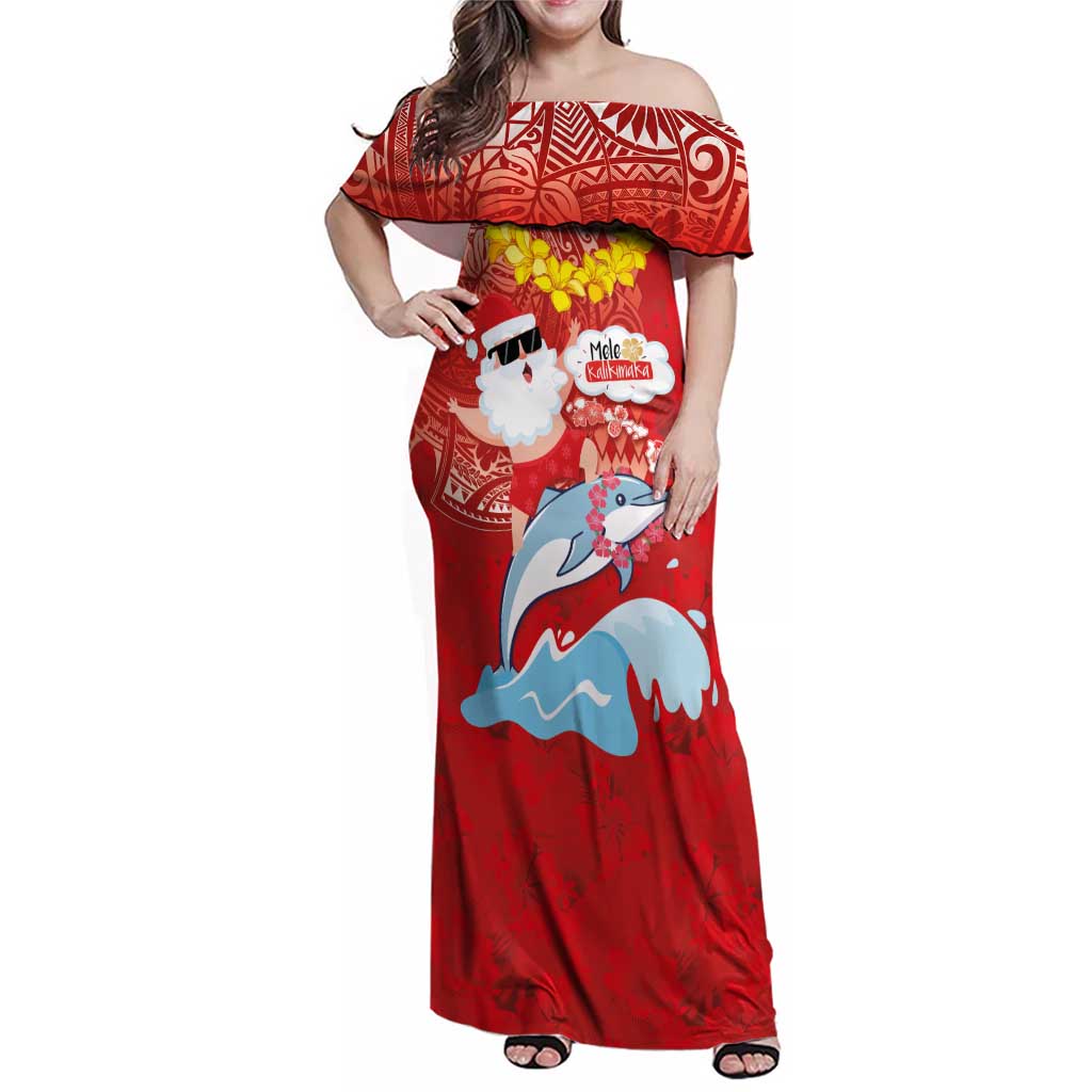 Hawaiian Mele Kalikimaka Family Matching Off Shoulder Maxi Dress and Hawaiian Shirt Funny Santa Riding Lei Dolphin with Kakau Tattoos LT03 Mom's Dress Red - Polynesian Pride
