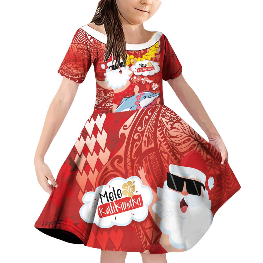 Hawaiian Mele Kalikimaka Family Matching Off Shoulder Short Dress and Hawaiian Shirt Funny Santa Riding Lei Dolphin with Kakau Tattoos LT03 Daughter's Dress Red - Polynesian Pride