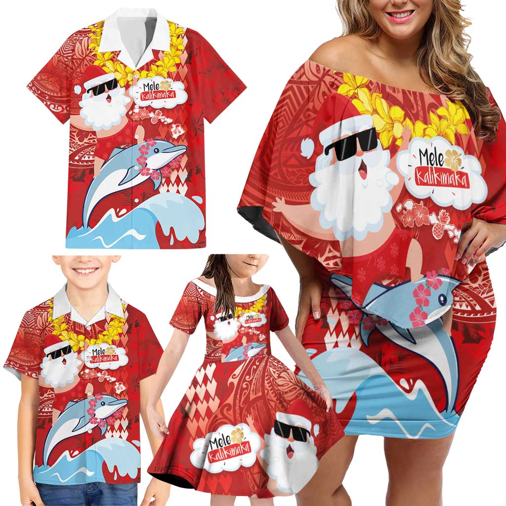 Hawaiian Mele Kalikimaka Family Matching Off Shoulder Short Dress and Hawaiian Shirt Funny Santa Riding Lei Dolphin with Kakau Tattoos LT03 - Polynesian Pride