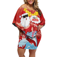 Hawaiian Mele Kalikimaka Family Matching Off Shoulder Short Dress and Hawaiian Shirt Funny Santa Riding Lei Dolphin with Kakau Tattoos LT03 Mom's Dress Red - Polynesian Pride