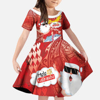 Hawaiian Mele Kalikimaka Family Matching Puletasi and Hawaiian Shirt Funny Santa Riding Lei Dolphin with Kakau Tattoos LT03 Daughter's Dress Red - Polynesian Pride