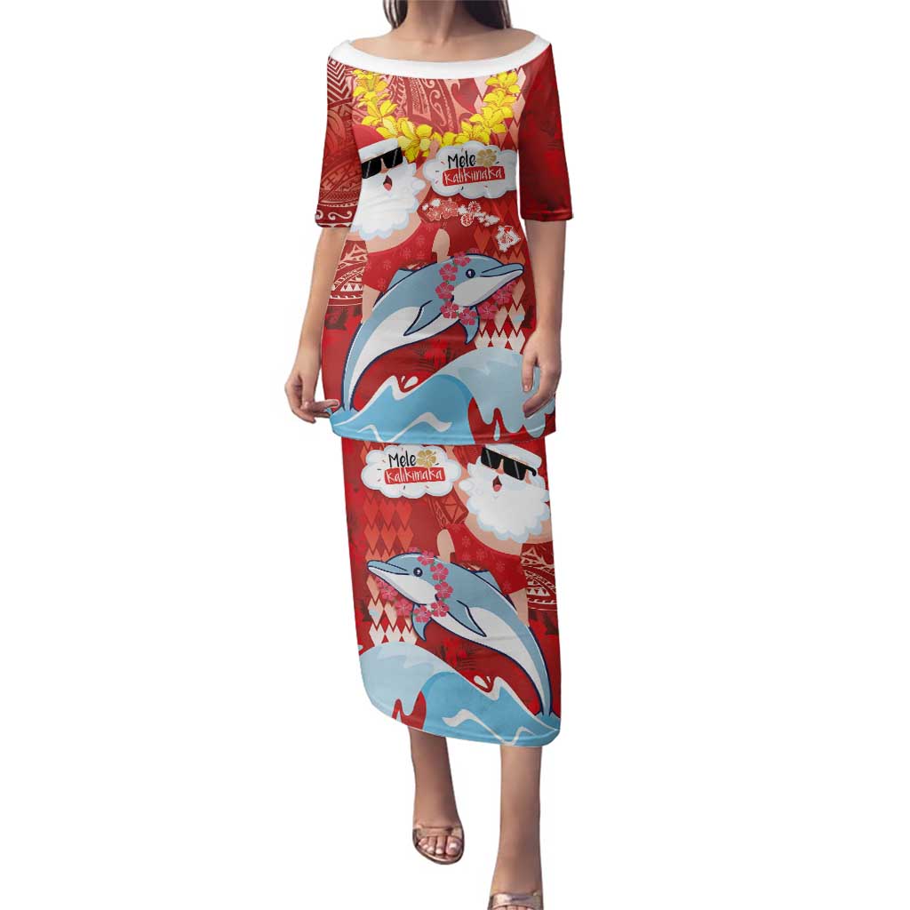 Hawaiian Mele Kalikimaka Family Matching Puletasi and Hawaiian Shirt Funny Santa Riding Lei Dolphin with Kakau Tattoos LT03 Mom's Dress Red - Polynesian Pride