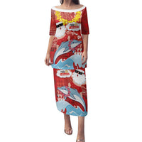 Hawaiian Mele Kalikimaka Family Matching Puletasi and Hawaiian Shirt Funny Santa Riding Lei Dolphin with Kakau Tattoos LT03 Mom's Dress Red - Polynesian Pride