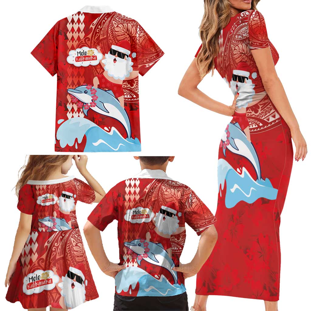 Hawaiian Mele Kalikimaka Family Matching Short Sleeve Bodycon Dress and Hawaiian Shirt Funny Santa Riding Lei Dolphin with Kakau Tattoos LT03 - Polynesian Pride