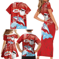 Hawaiian Mele Kalikimaka Family Matching Short Sleeve Bodycon Dress and Hawaiian Shirt Funny Santa Riding Lei Dolphin with Kakau Tattoos LT03 - Polynesian Pride