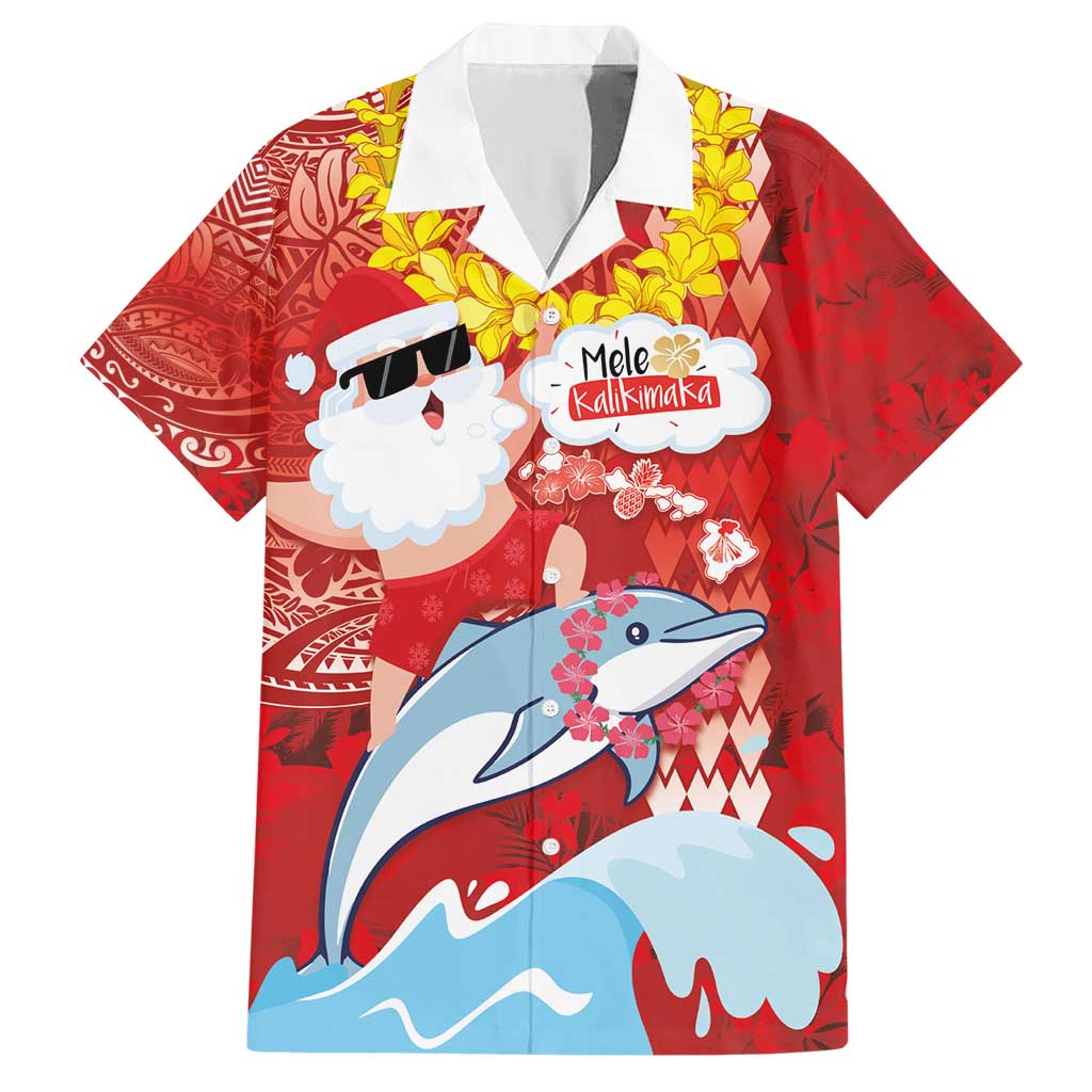 Hawaiian Mele Kalikimaka Family Matching Short Sleeve Bodycon Dress and Hawaiian Shirt Funny Santa Riding Lei Dolphin with Kakau Tattoos LT03 Dad's Shirt - Short Sleeve Red - Polynesian Pride