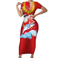 Hawaiian Mele Kalikimaka Family Matching Short Sleeve Bodycon Dress and Hawaiian Shirt Funny Santa Riding Lei Dolphin with Kakau Tattoos LT03 Mom's Dress Red - Polynesian Pride