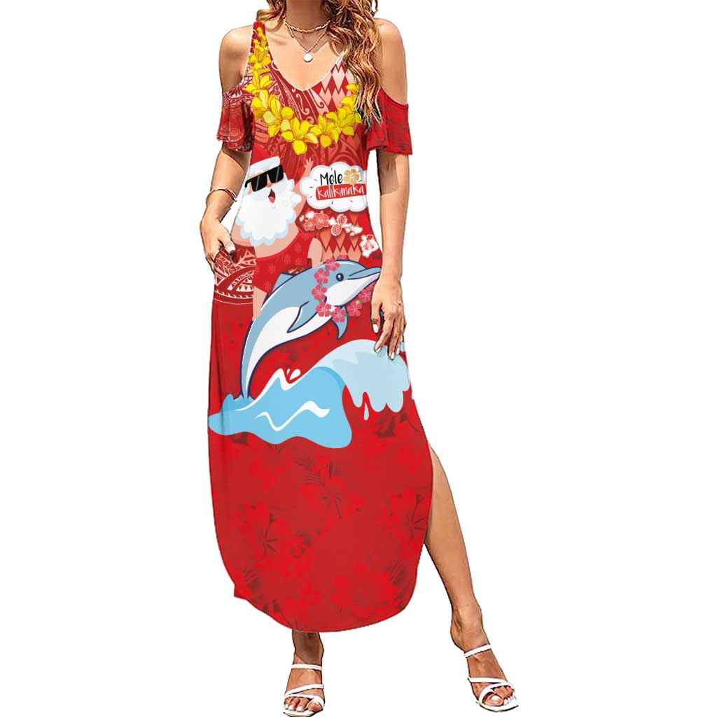 Hawaiian Mele Kalikimaka Family Matching Summer Maxi Dress and Hawaiian Shirt Funny Santa Riding Lei Dolphin with Kakau Tattoos LT03 Mom's Dress Red - Polynesian Pride