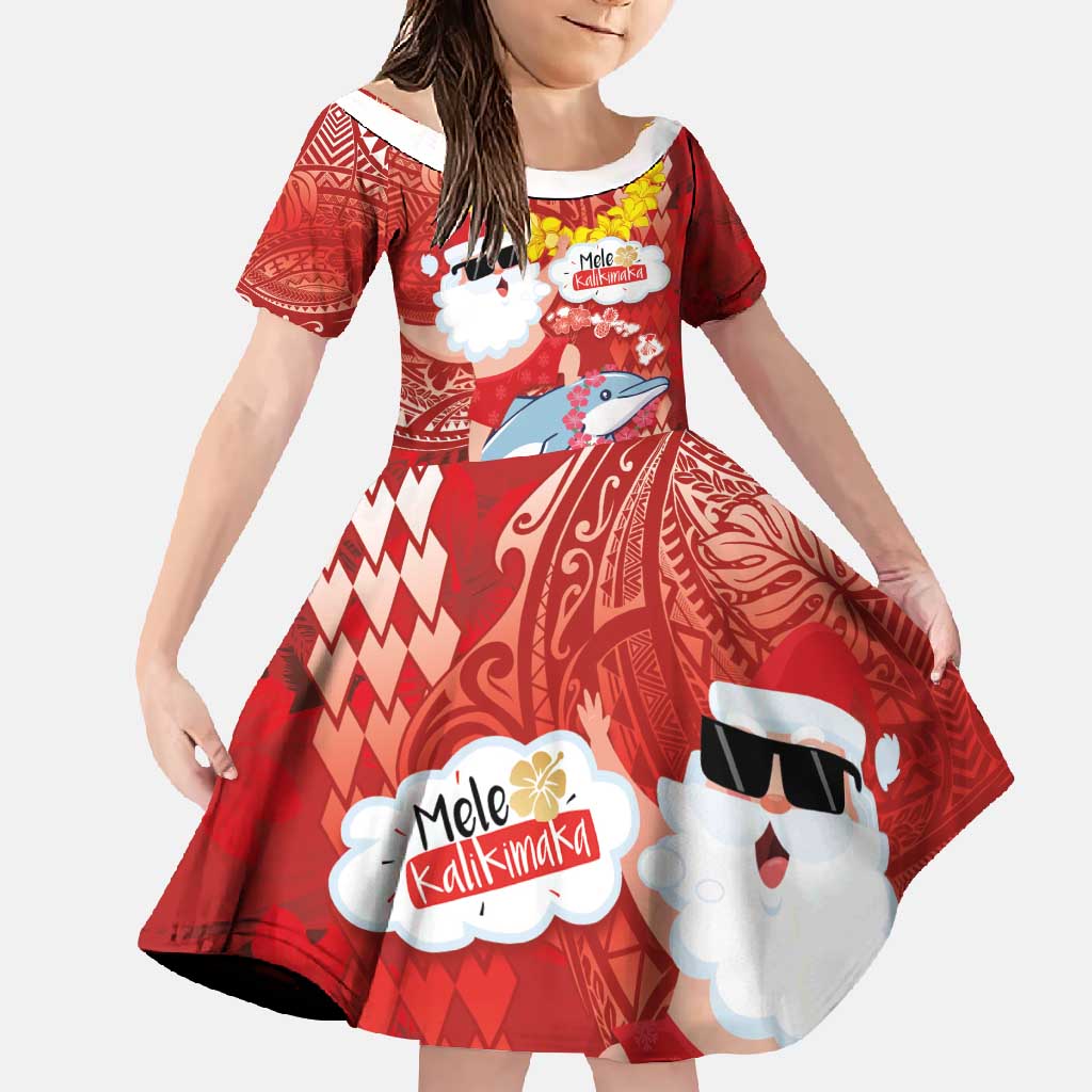 Hawaiian Mele Kalikimaka Family Matching Tank Maxi Dress and Hawaiian Shirt Funny Santa Riding Lei Dolphin with Kakau Tattoos LT03 Daughter's Dress Red - Polynesian Pride
