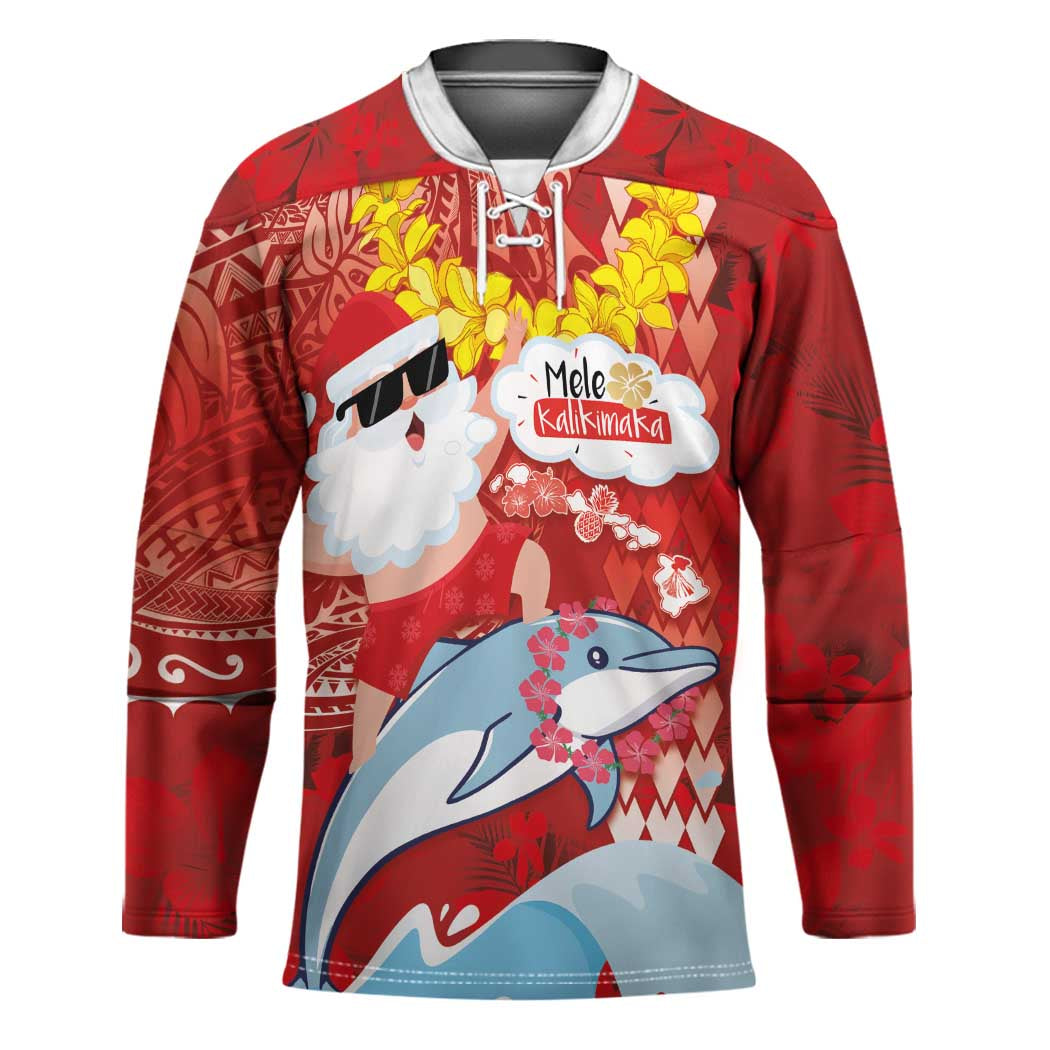 Hawaiian Mele Kalikimaka Hockey Jersey Funny Santa Riding Lei Dolphin with Kakau Tattoos - Polynesian Pride
