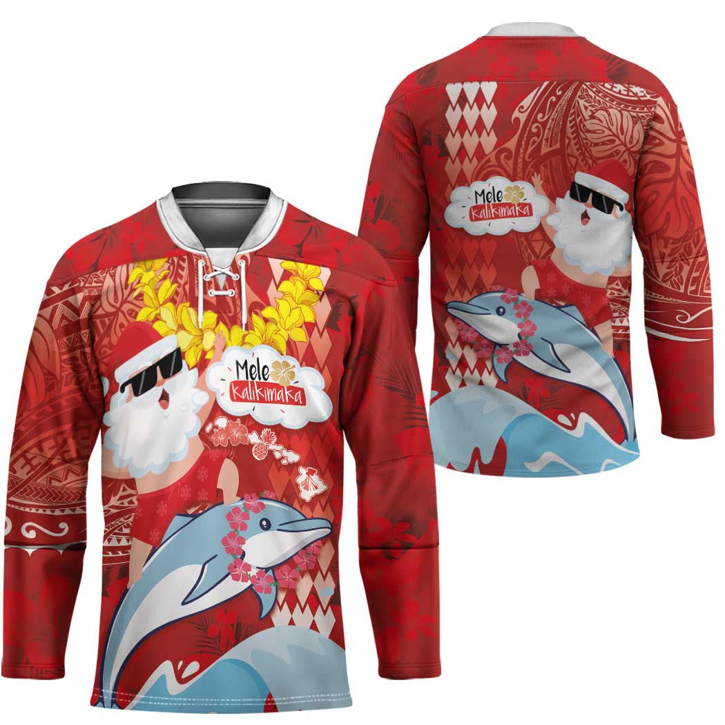 Hawaiian Mele Kalikimaka Hockey Jersey Funny Santa Riding Lei Dolphin with Kakau Tattoos - Polynesian Pride
