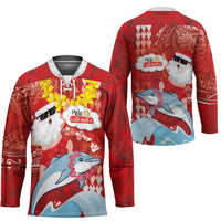 Hawaiian Mele Kalikimaka Hockey Jersey Funny Santa Riding Lei Dolphin with Kakau Tattoos - Polynesian Pride
