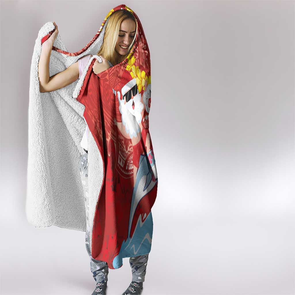 Hawaiian Mele Kalikimaka Hooded Blanket Funny Santa Riding Lei Dolphin with Kakau Tattoos - Polynesian Pride