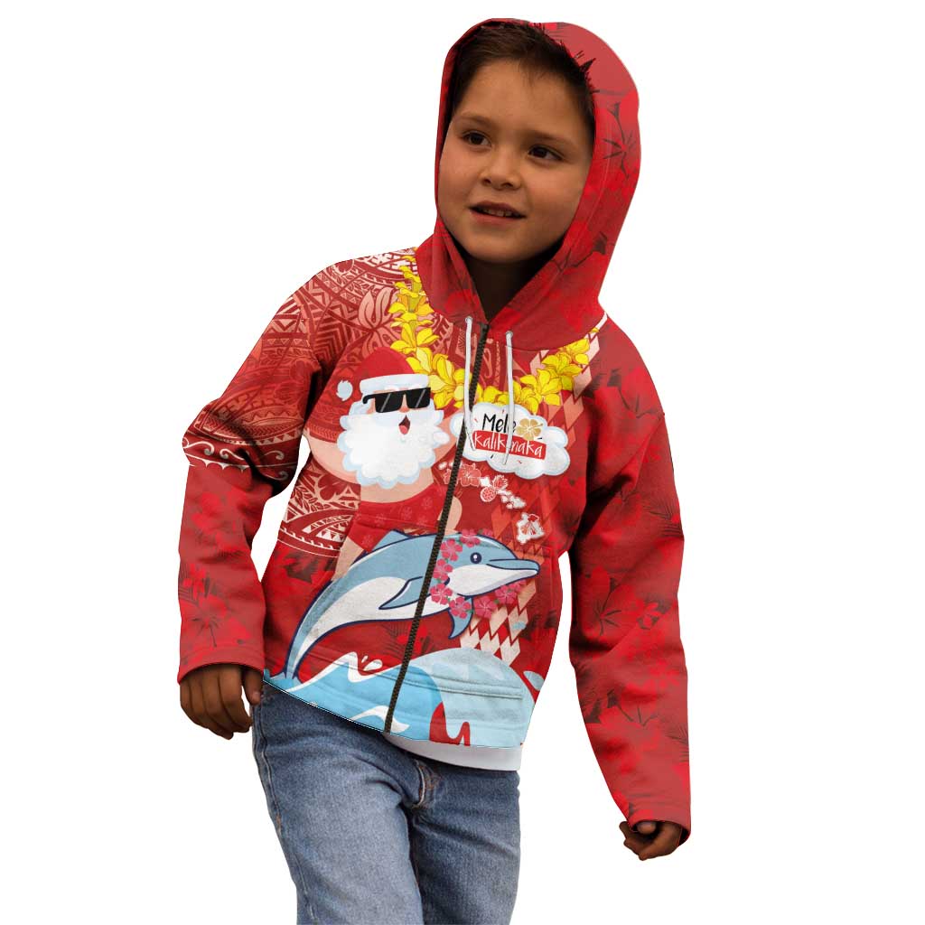 Hawaiian Mele Kalikimaka Kid Hoodie Funny Santa Riding Lei Dolphin with Kakau Tattoos - Polynesian Pride