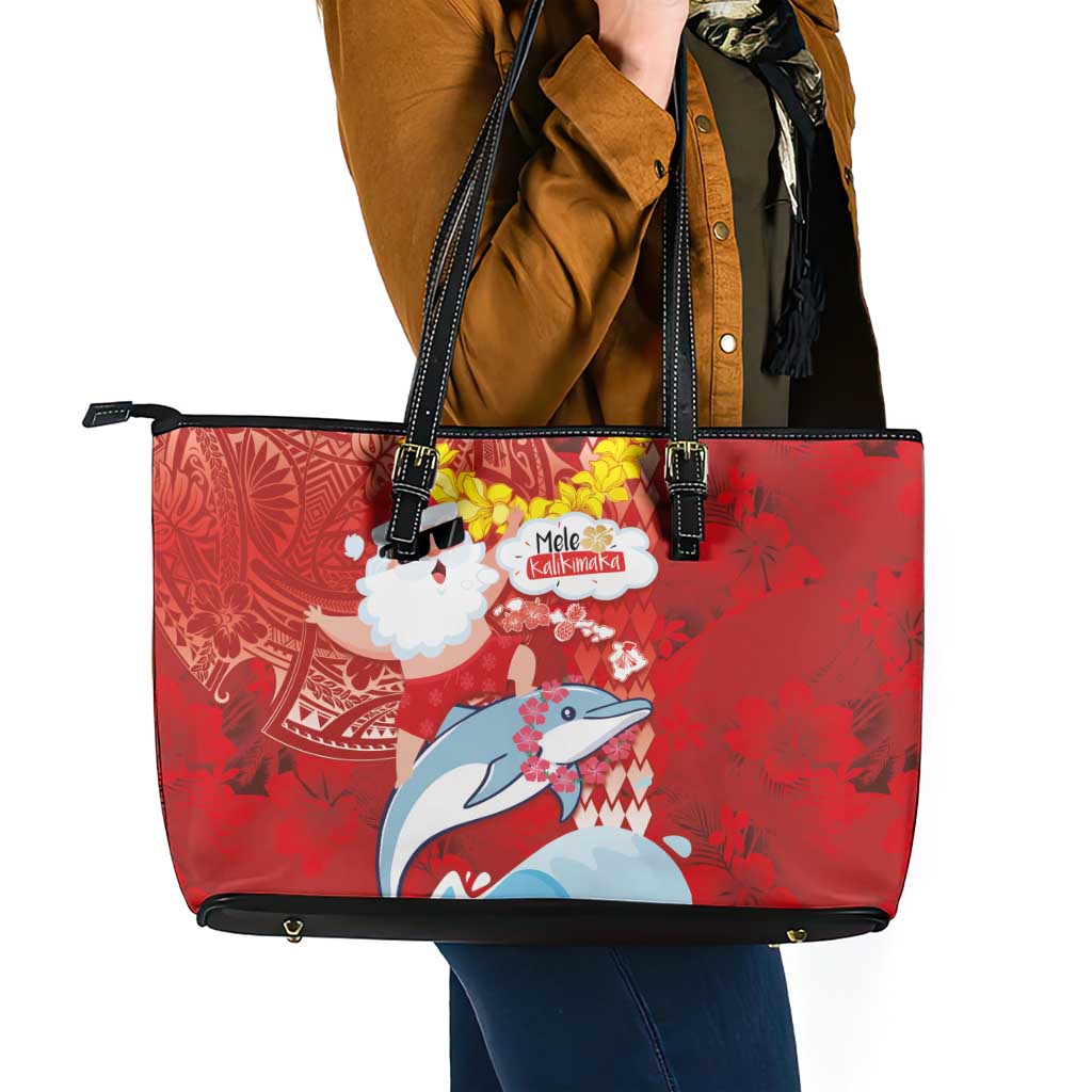 Hawaiian Mele Kalikimaka Leather Tote Bag Funny Santa Riding Lei Dolphin with Kakau Tattoos - Polynesian Pride