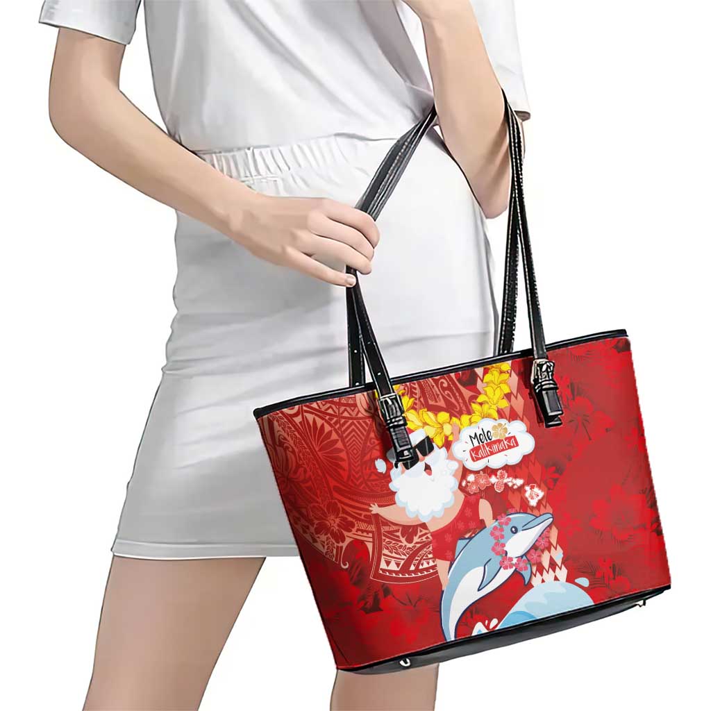 Hawaiian Mele Kalikimaka Leather Tote Bag Funny Santa Riding Lei Dolphin with Kakau Tattoos - Polynesian Pride
