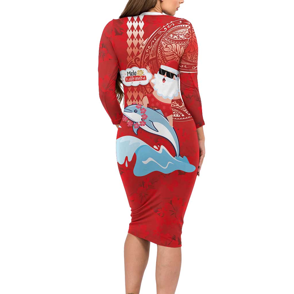 Hawaiian Mele Kalikimaka Long Sleeve Bodycon Dress Funny Santa Riding Lei Dolphin with Kakau Tattoos LT03 - Polynesian Pride