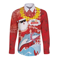 Hawaiian Mele Kalikimaka Long Sleeve Button Shirt Funny Santa Riding Lei Dolphin with Kakau Tattoos - Polynesian Pride
