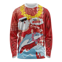 Hawaiian Mele Kalikimaka Long Sleeve Shirt Funny Santa Riding Lei Dolphin with Kakau Tattoos - Polynesian Pride