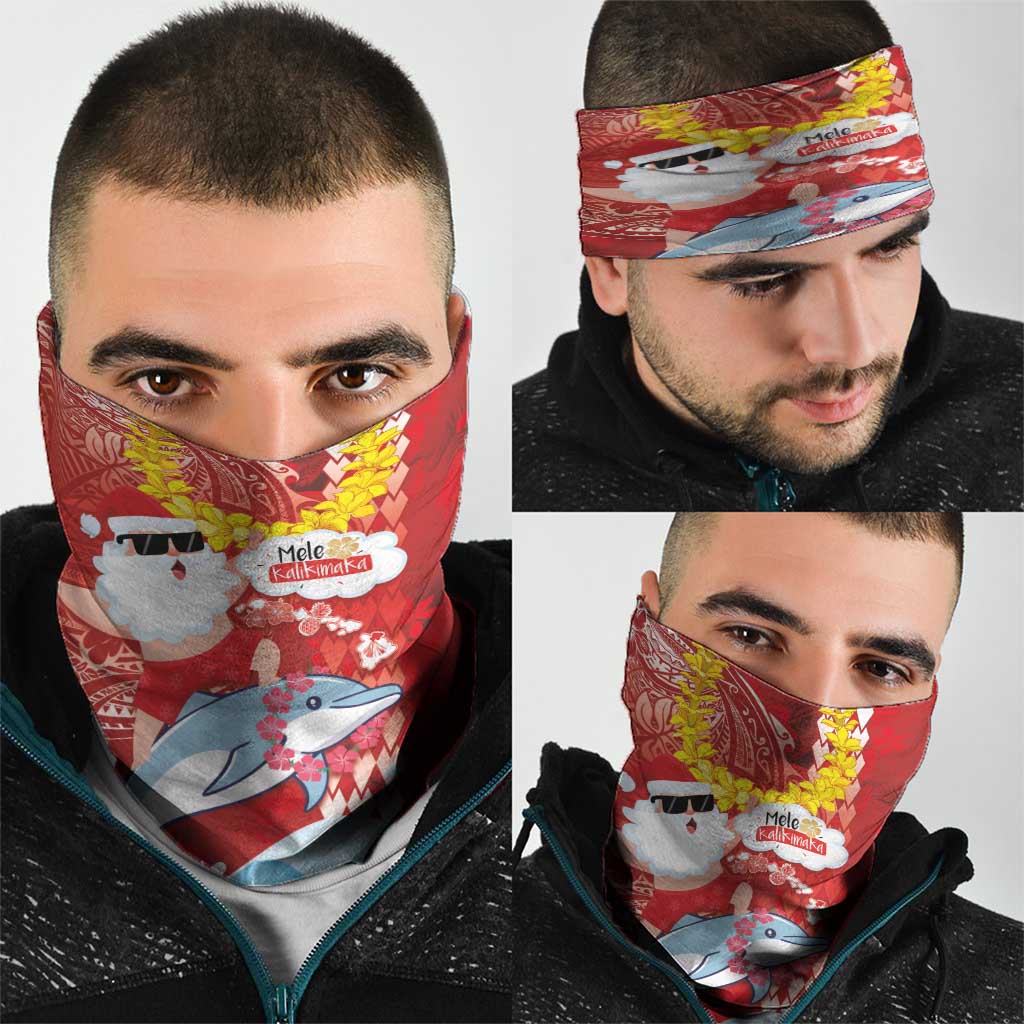 Hawaiian Mele Kalikimaka Neck Gaiter Funny Santa Riding Lei Dolphin with Kakau Tattoos - Polynesian Pride