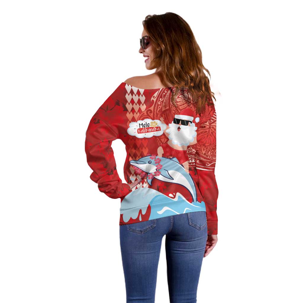 Hawaiian Mele Kalikimaka Off Shoulder Sweater Funny Santa Riding Lei Dolphin with Kakau Tattoos - Polynesian Pride