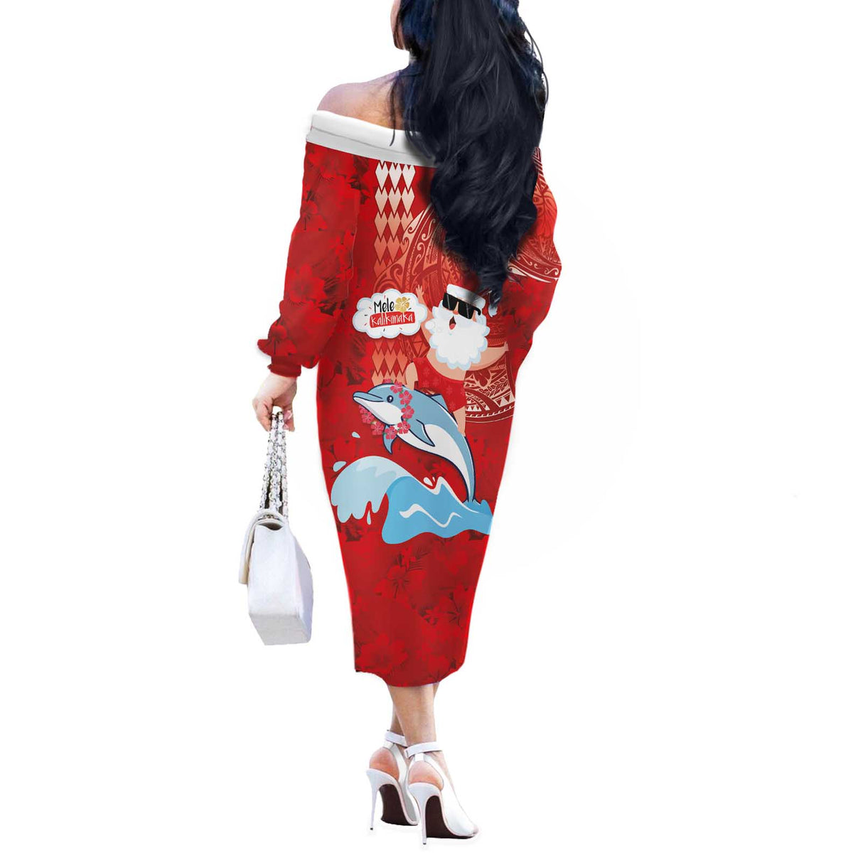 Hawaiian Mele Kalikimaka Off The Shoulder Long Sleeve Dress Funny Santa Riding Lei Dolphin with Kakau Tattoos LT03 - Polynesian Pride