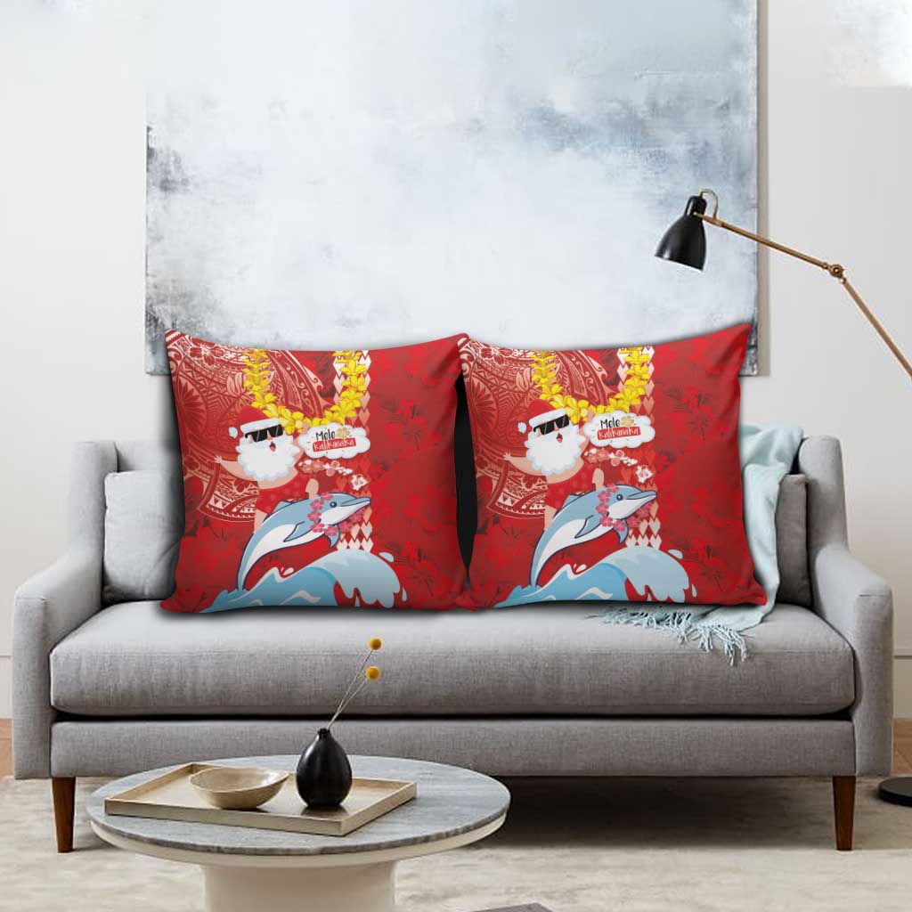 Hawaiian Mele Kalikimaka Pillow Cover Funny Santa Riding Lei Dolphin with Kakau Tattoos - Polynesian Pride