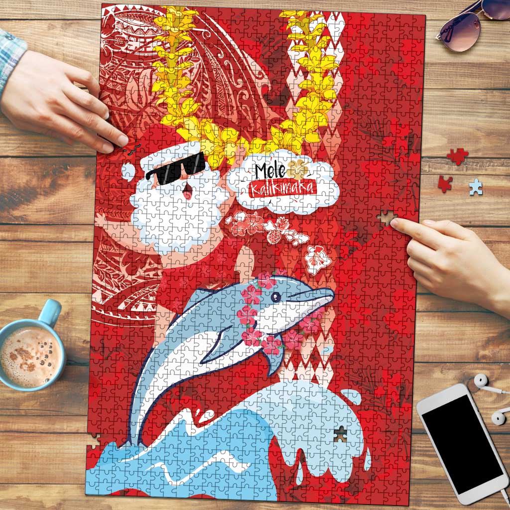 Hawaiian Mele Kalikimaka Puzzle Funny Santa Riding Lei Dolphin with Kakau Tattoos - Polynesian Pride
