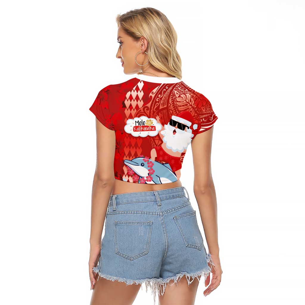 Hawaiian Mele Kalikimaka Raglan Cropped T Shirt Funny Santa Riding Lei Dolphin with Kakau Tattoos - Polynesian Pride