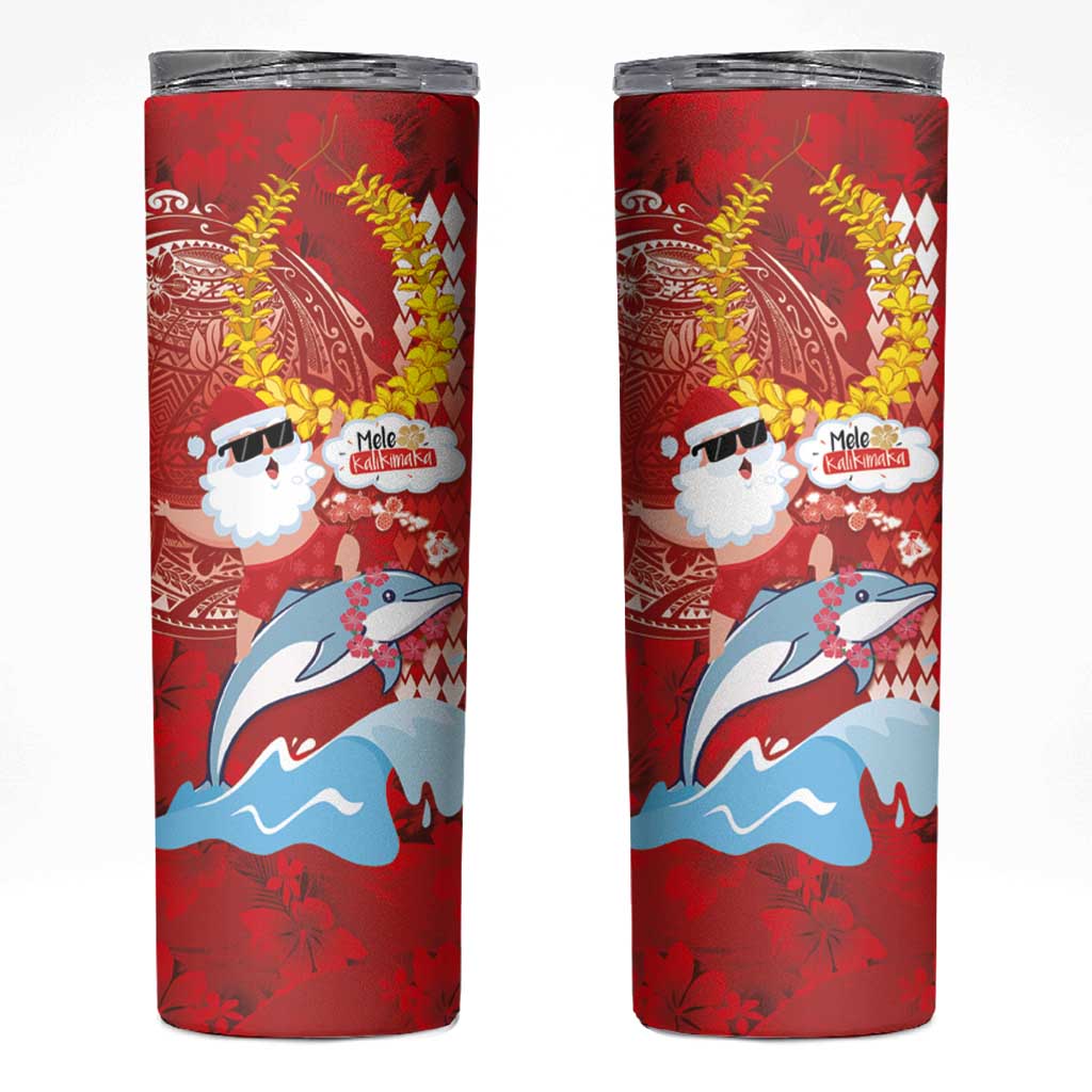 Hawaiian Mele Kalikimaka Skinny Tumbler Funny Santa Riding Lei Dolphin with Kakau Tattoos LT03 Red - Polynesian Pride