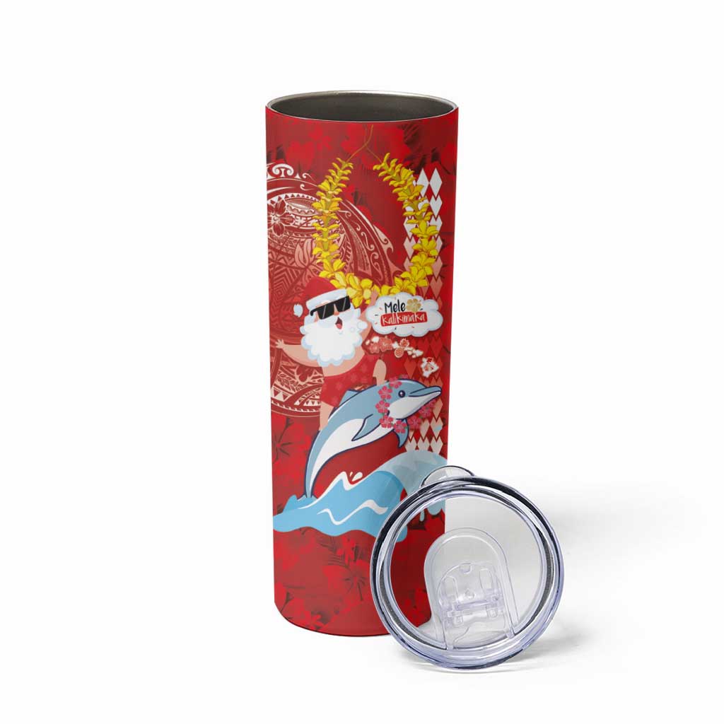 Hawaiian Mele Kalikimaka Skinny Tumbler Funny Santa Riding Lei Dolphin with Kakau Tattoos LT03 - Polynesian Pride