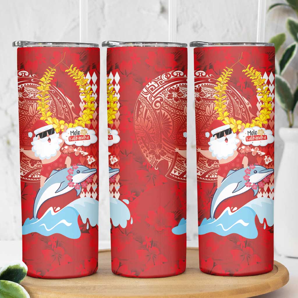 Hawaiian Mele Kalikimaka Skinny Tumbler Funny Santa Riding Lei Dolphin with Kakau Tattoos LT03 - Polynesian Pride