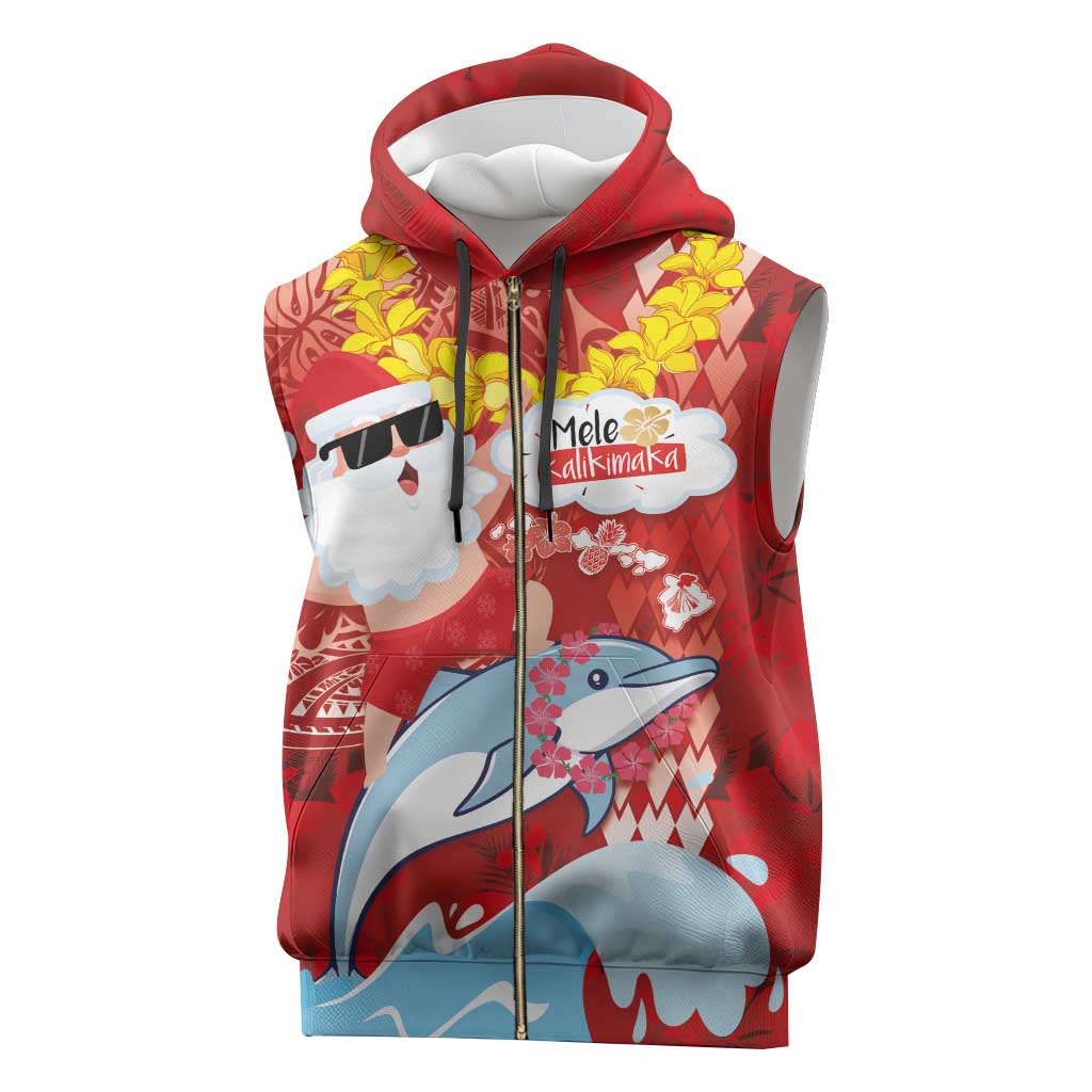 Hawaiian Mele Kalikimaka Sleeveless Zip Hoodie Funny Santa Riding Lei Dolphin with Kakau Tattoos - Polynesian Pride