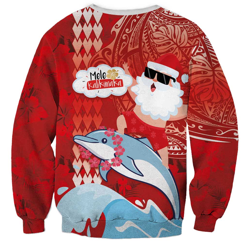 Hawaiian Mele Kalikimaka Sweatshirt Funny Santa Riding Lei Dolphin with Kakau Tattoos - Polynesian Pride