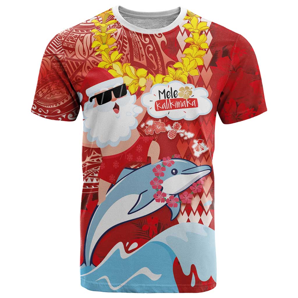 Hawaiian Mele Kalikimaka T Shirt Funny Santa Riding Lei Dolphin with Kakau Tattoos - Polynesian Pride