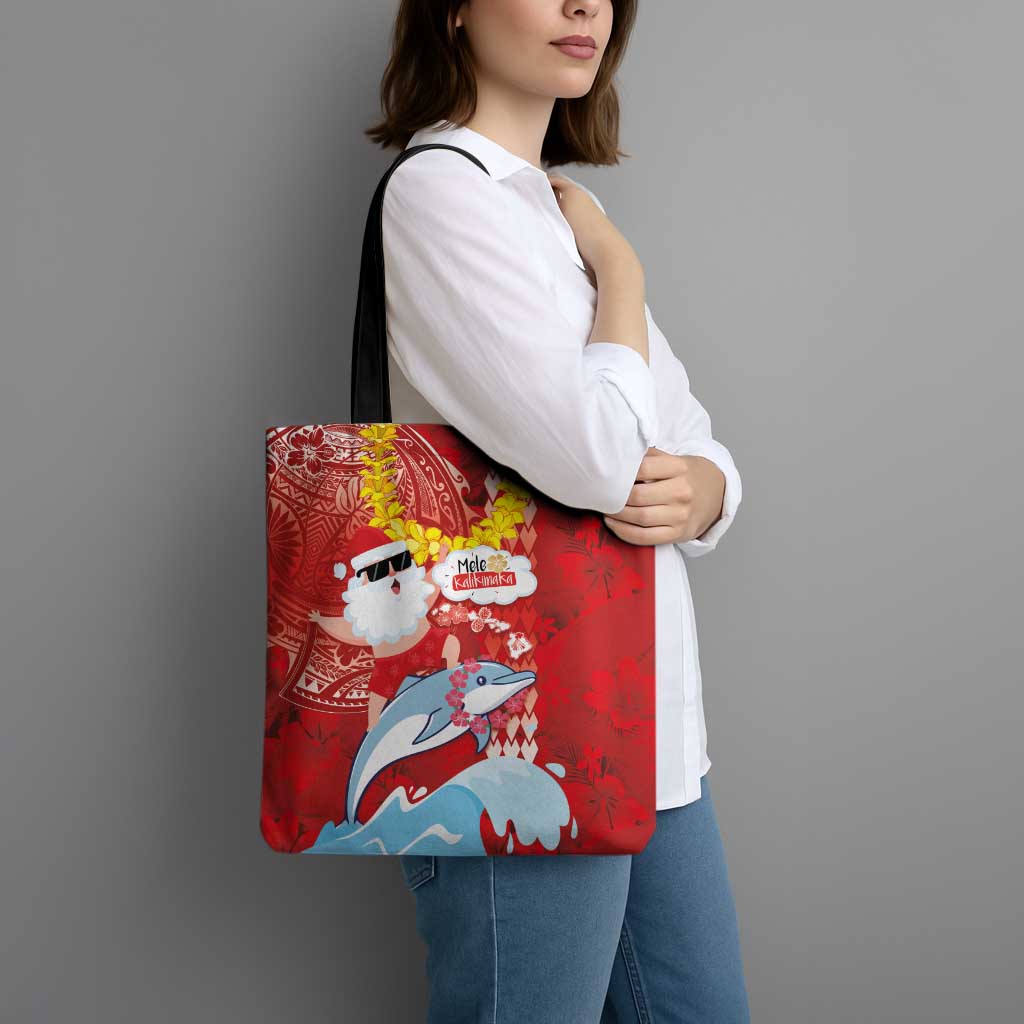 Hawaiian Mele Kalikimaka Tote Bag Funny Santa Riding Lei Dolphin with Kakau Tattoos - Polynesian Pride