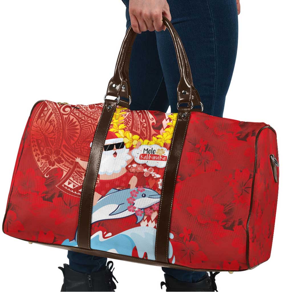 Hawaiian Mele Kalikimaka Travel Bag Funny Santa Riding Lei Dolphin with Kakau Tattoos - Polynesian Pride