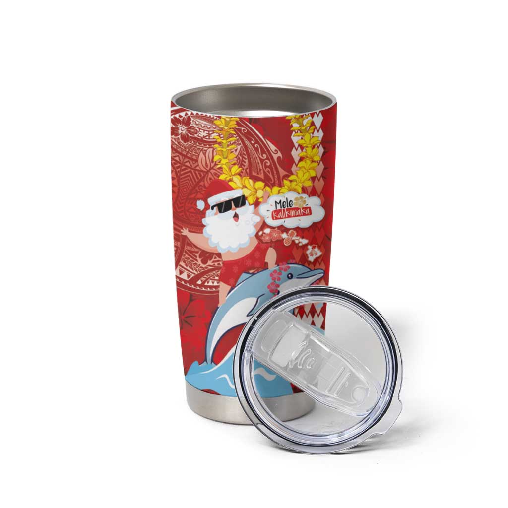 Hawaiian Mele Kalikimaka Tumbler Cup Funny Santa Riding Lei Dolphin with Kakau Tattoos - Polynesian Pride
