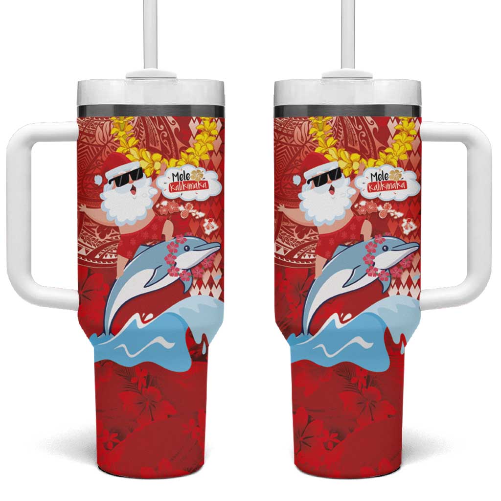 Hawaiian Mele Kalikimaka Tumbler With Handle Funny Santa Riding Lei Dolphin with Kakau Tattoos - Polynesian Pride