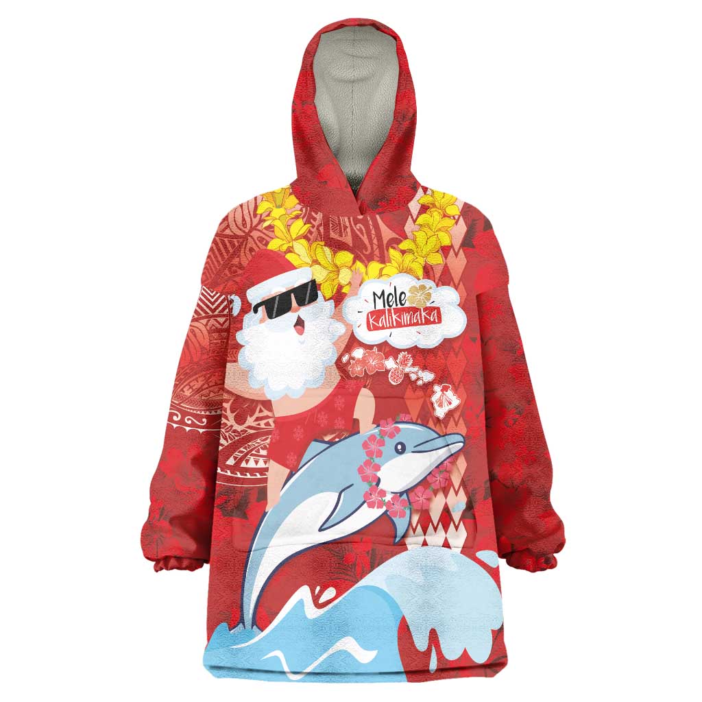 Hawaiian Mele Kalikimaka Wearable Blanket Hoodie Funny Santa Riding Lei Dolphin with Kakau Tattoos LT03 One Size Red - Polynesian Pride