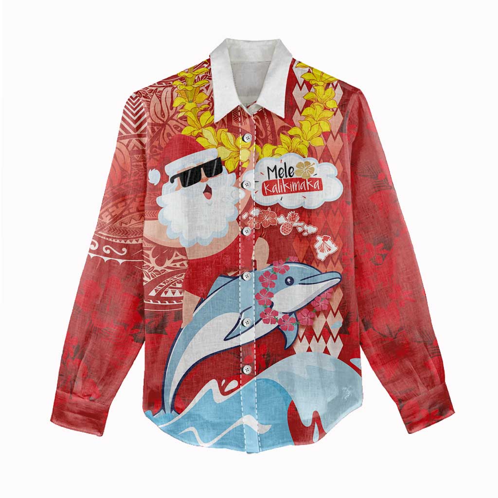 Hawaiian Mele Kalikimaka Women Casual Shirt Funny Santa Riding Lei Dolphin with Kakau Tattoos LT03 - Polynesian Pride