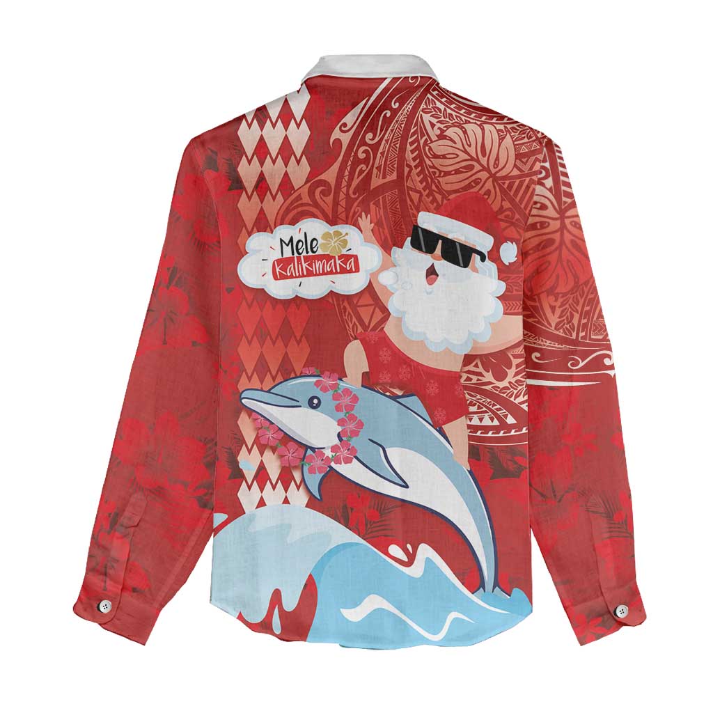 Hawaiian Mele Kalikimaka Women Casual Shirt Funny Santa Riding Lei Dolphin with Kakau Tattoos LT03 - Polynesian Pride