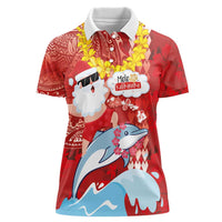 Hawaiian Mele Kalikimaka Women Polo Shirt Funny Santa Riding Lei Dolphin with Kakau Tattoos LT03 Female Red - Polynesian Pride