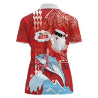 Hawaiian Mele Kalikimaka Women Polo Shirt Funny Santa Riding Lei Dolphin with Kakau Tattoos LT03 - Polynesian Pride