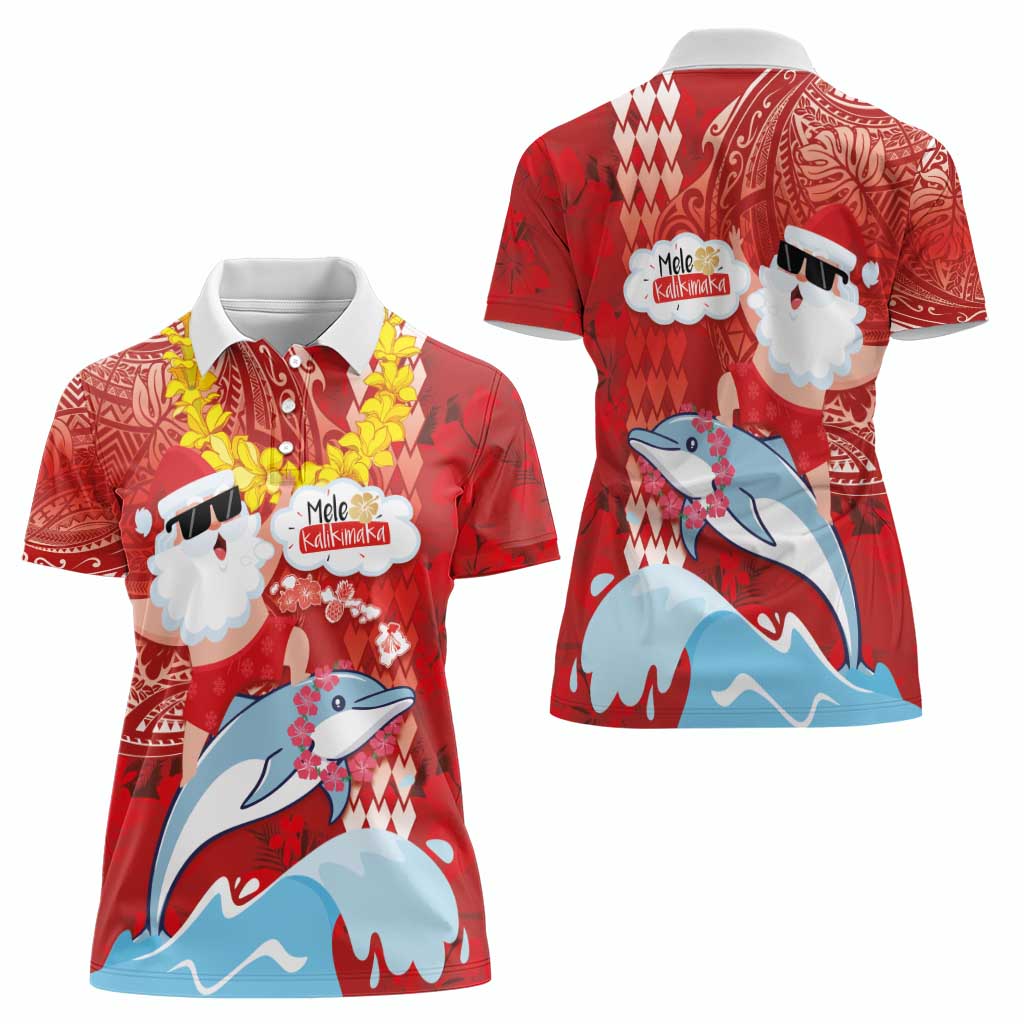Hawaiian Mele Kalikimaka Women Polo Shirt Funny Santa Riding Lei Dolphin with Kakau Tattoos LT03 - Polynesian Pride