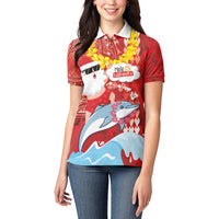Hawaiian Mele Kalikimaka Women Polo Shirt Funny Santa Riding Lei Dolphin with Kakau Tattoos LT03 - Polynesian Pride
